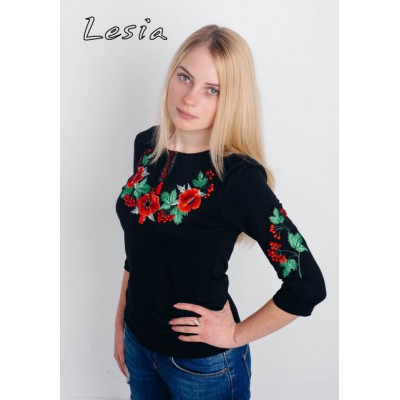Embroidered t-shirt with 3/4 sleeves "Poppy&Guelbery Rose" on black